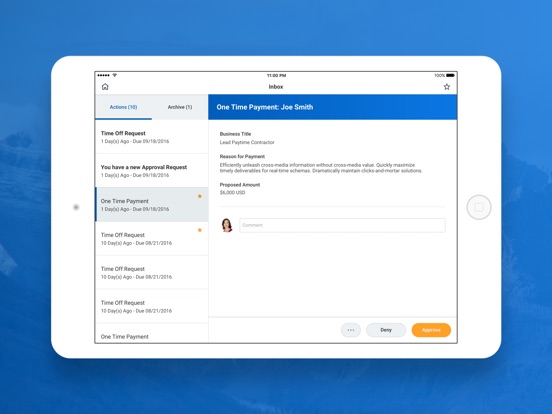 Screenshots of Workday for iPad