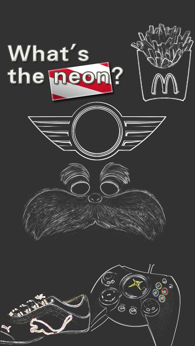 Screenshots of What's the neon? guess the brand mania food movie word color blind logo quiz for iPhone