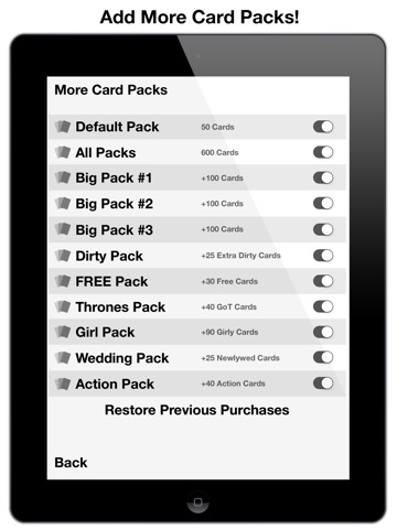 Screenshots of Black Cards for iPad